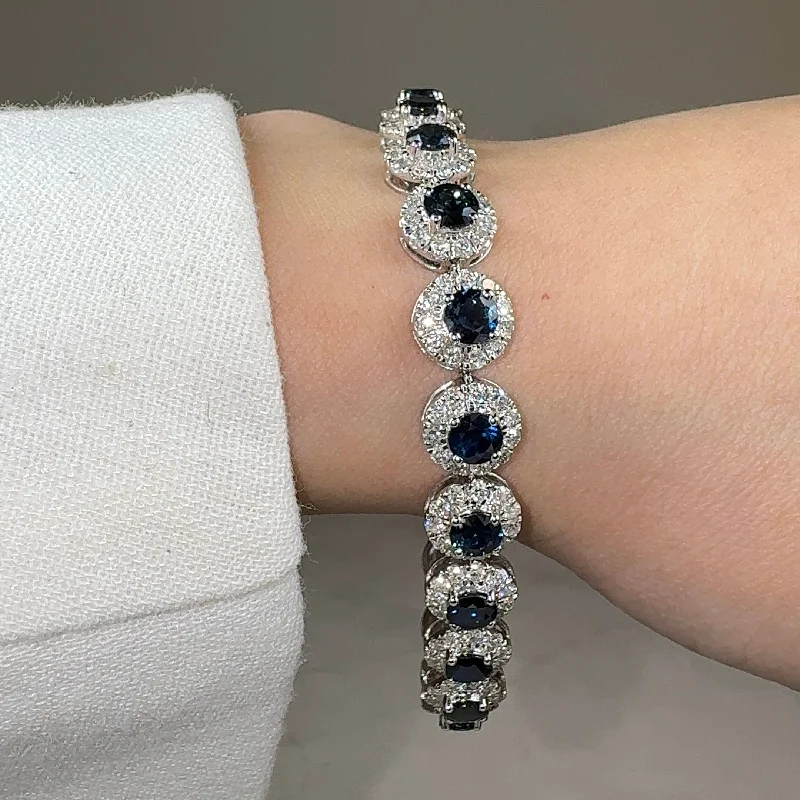 layering bracelets for women -Round Brilliant Shape 8.5 Carat Sapphire Center Featuring Diamond Halo Bracelet BRHARBS