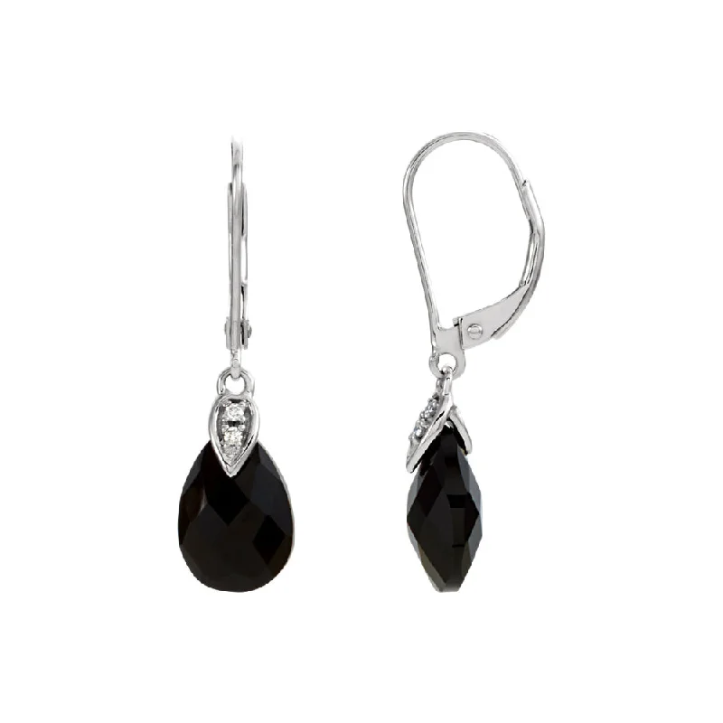 pearl cluster earrings for women -Black Onyx Briolette & Diamond Lever Back Earrings in 14k White Gold