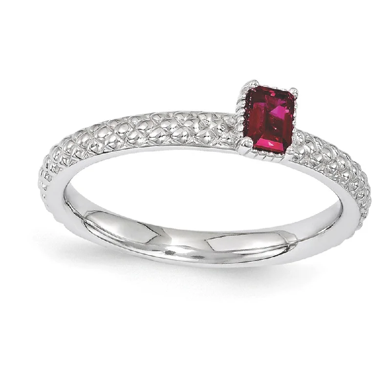 designer rings for women -Sterling Silver Stackable Created Ruby Octagon Solitaire Ring