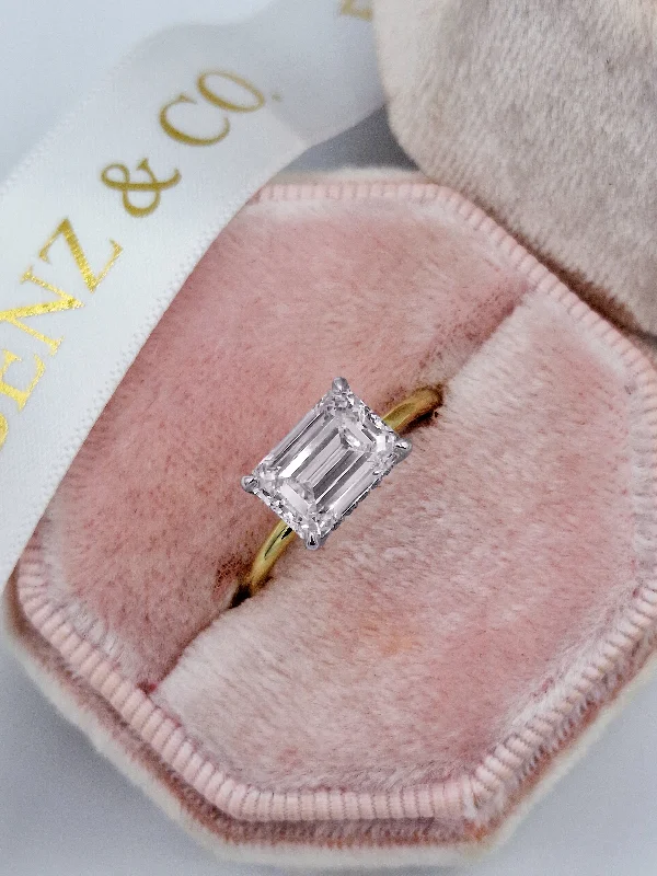 Edwardian engagement rings -2.36 Carats Lab Grown Emerald Cut East-West Two Tone Solitaire Hidden Halo Diamond Engagement Ring