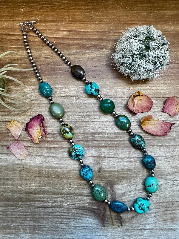 nature-inspired necklaces for women -23 inch 5 mm Sterling Silver Pearls necklace with Mix Turquoise