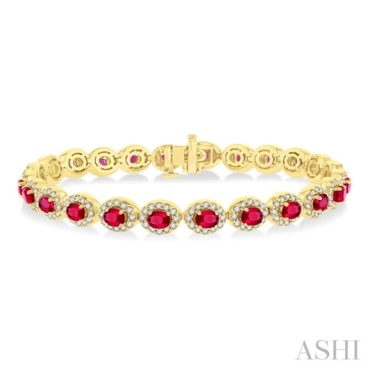 anniversary bracelets for women -2 1/6 ctw Oval Cut 4X3MM Ruby and Round Cut Diamond Halo Precious Tennis Bracelet in 14K Yellow Gold