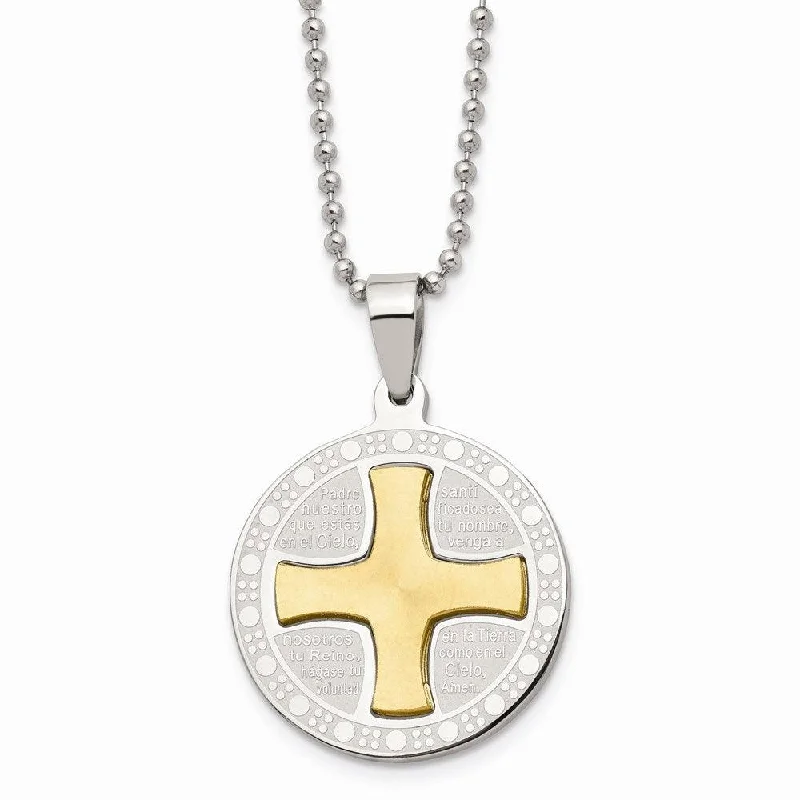 romantic necklaces for women -Stainless Steel Brushed/Polished Yellow IP Spanish Lords Prayer Necklace