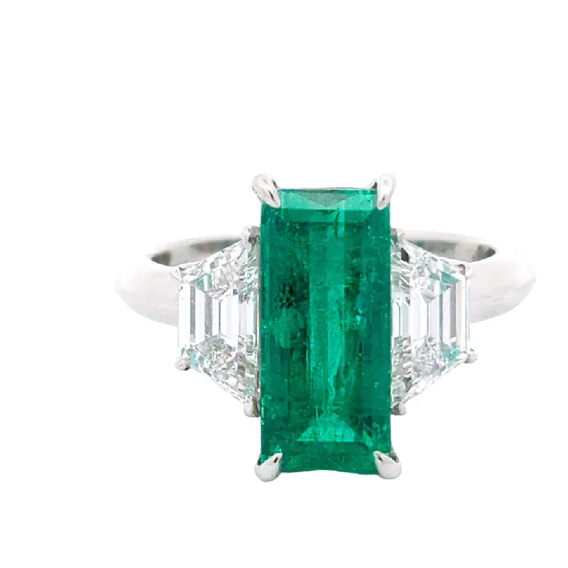 best everyday rings for women -M & Co. Platinum Colombian Emerald & Trapezoid Cut Diamond Ring