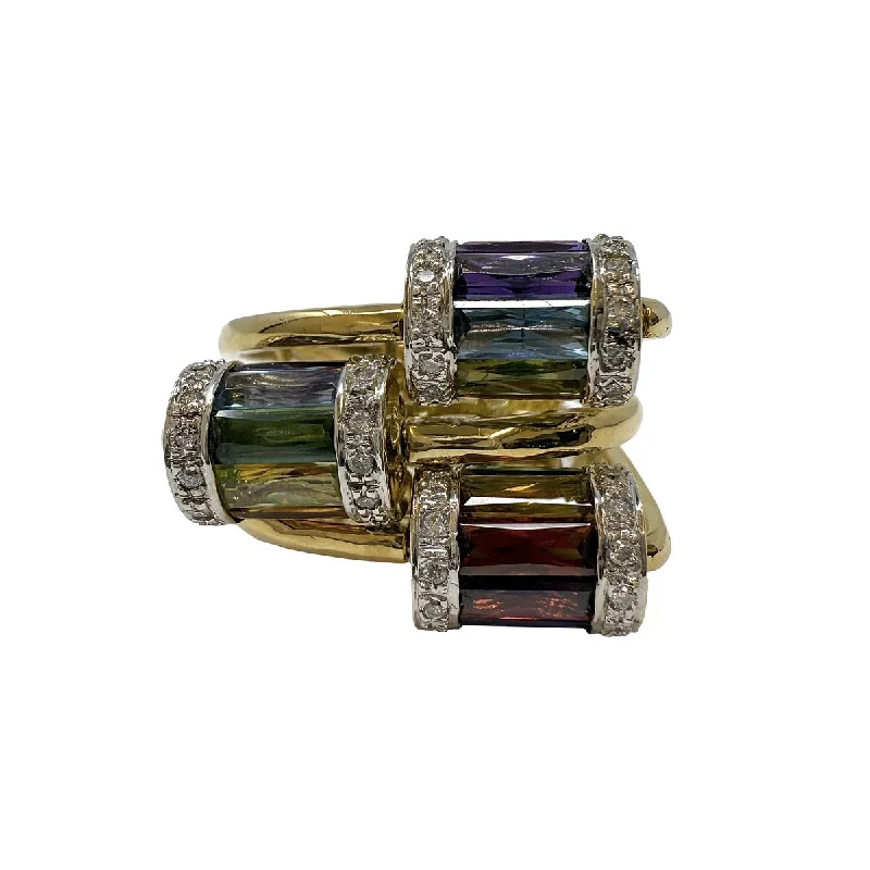 cubic zirconia solitaire rings -18K Gold Spinner Ring with Multicolored Tourmaline and Diamonds