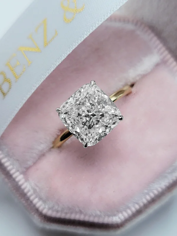 nature-inspired engagement rings -5.20 Carats Lab Grown Cushion Cut Two Tone Solitaire Hidden Halo Diamond Engagement Ring