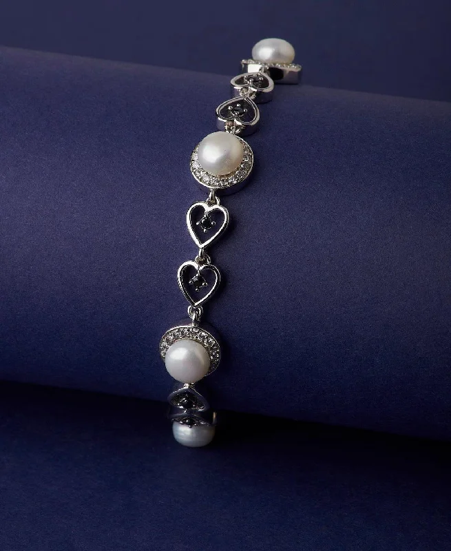 anniversary bracelets for women -Graceful Stone Studded Metallic Pearl Bracelet