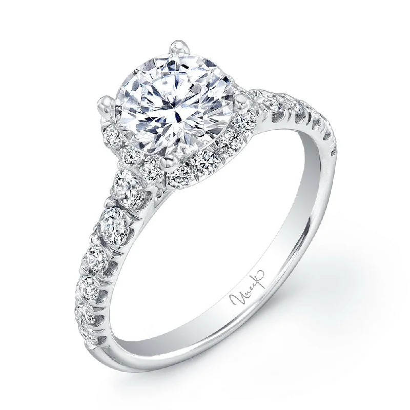 criss-cross engagement rings -Uneek Round Diamond Halo Engagement Ring with Graduated Melee Diamonds U-Pave Set on Upper Shank