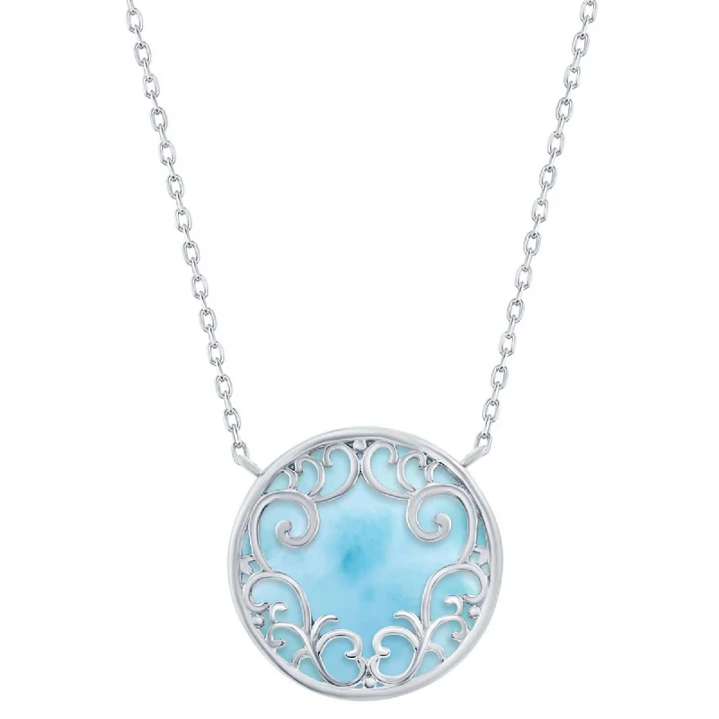 thin layering necklaces for women -Caribbean Treasures Women's Necklace - Silver Round Larimar Filigree Design | M-6695