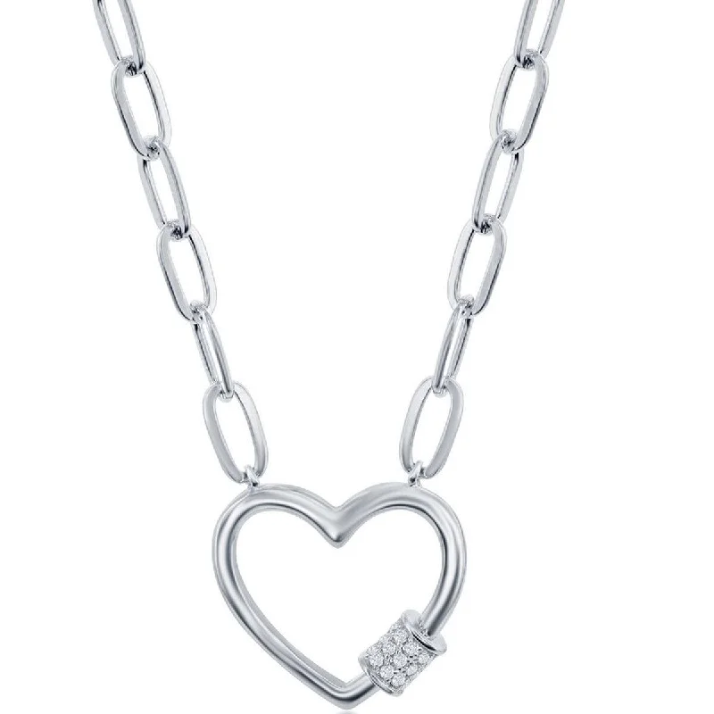 oversized statement necklaces -Classic Women's Necklace - Sterling Micro Pave CZ Heart Carabiner Paperclip | M-6778