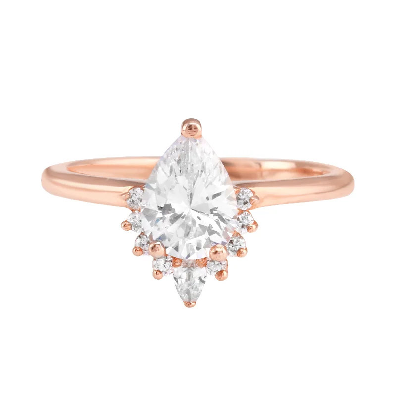 antique engagement rings -Pear Diamond Half Starburst Halo Engagement Ring