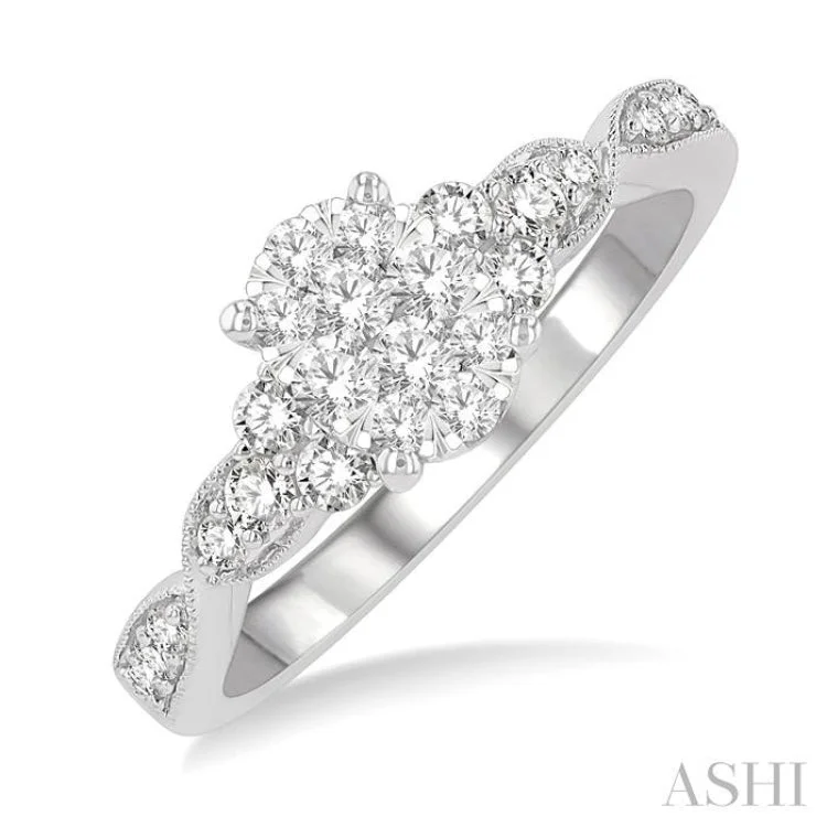 baguette engagement rings -1/2 ctw Oval Shape Center Crisscross Carved Shank Lovebright Round Cut Diamond Engagement Ring in 14K White Gold