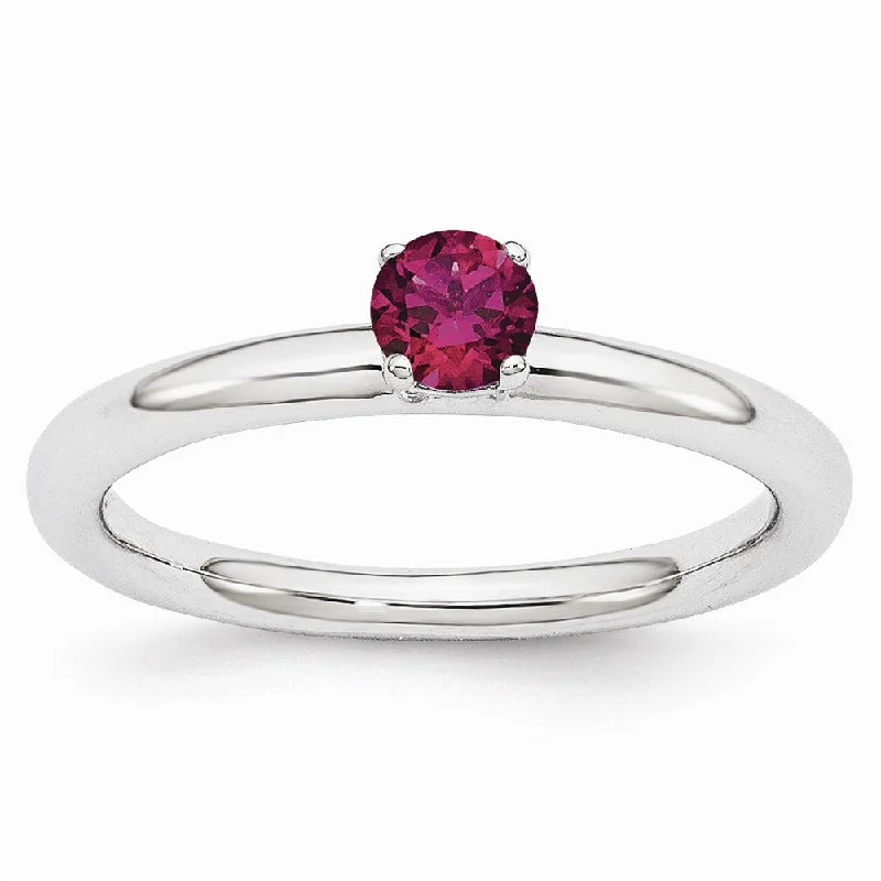 adjustable silver rings for women -Rhodium Plated Sterling Silver Stackable 4mm Round Created Ruby Ring