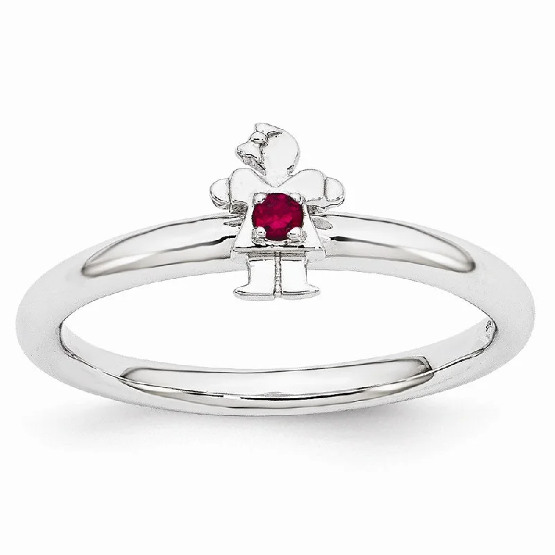 bold fashion rings for women -Rhodium Plated Sterling Silver Stackable Created Ruby 7mm Girl Ring