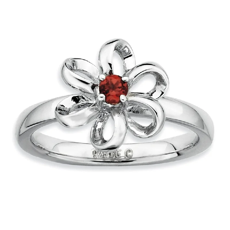 bar rings for women -Sterling Silver Stackable Faceted Garnet Looped Petal Flower Ring