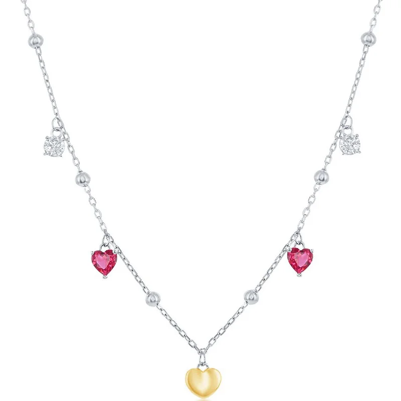 elegant wedding necklaces for women -Classic Women's Necklace - GP Sterling Silver White and Ruby CZ Heart Beaded | M-6941