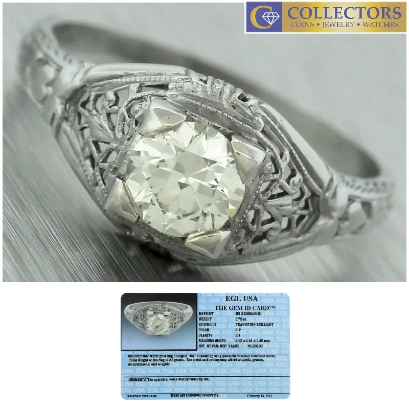 heart-shaped engagement rings -Antique Art Deco 18K White Gold Filigree 0.79ct Diamond Engagement Ring EGL USA