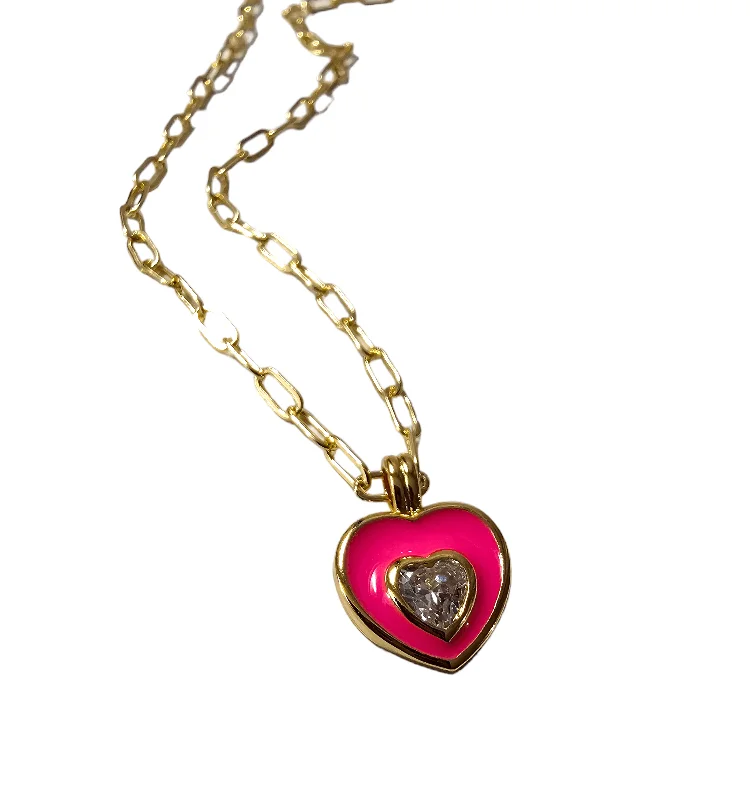 high-quality gold necklaces for women -Pink Cz Enamel Heart Necklace