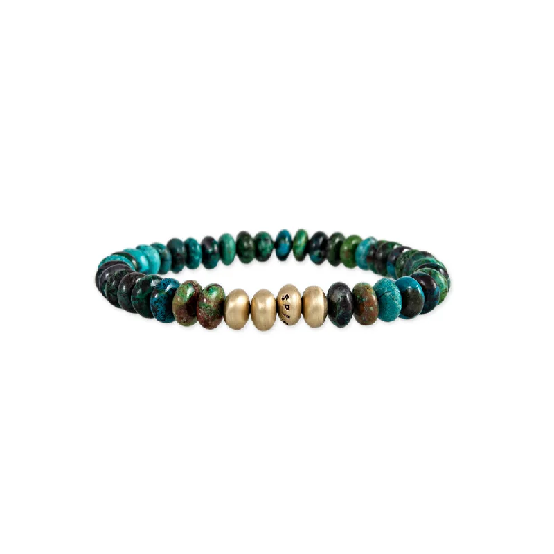 crystal teardrop bracelets for women -4 SATIN GOLD BEADS + CHRYSOCOLLA BEADED STRETCH BRACELET