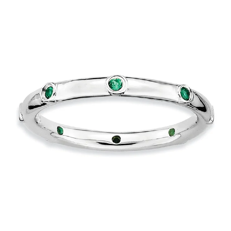 sapphire rings for women -Sterling Silver Stackable Created Emerald Accent 2.25mm Band