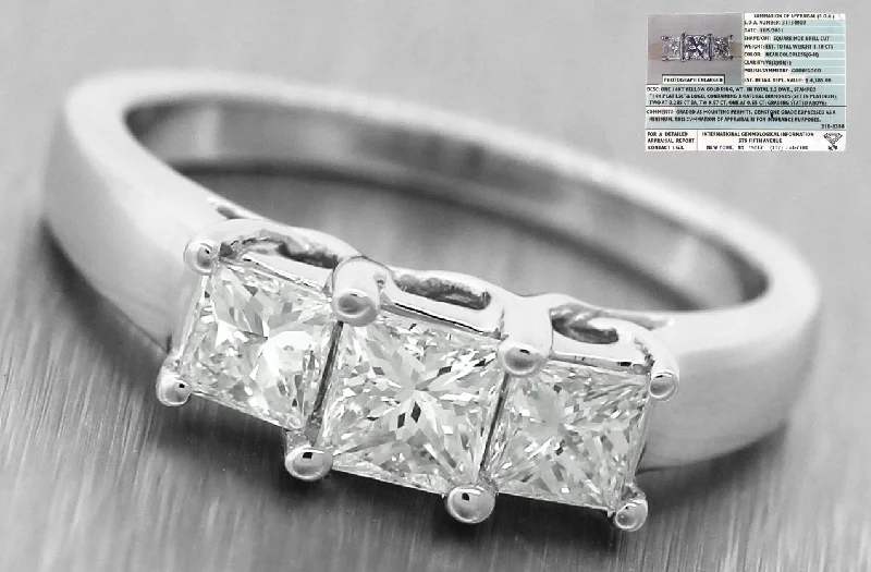 thin band engagement rings -14K White Gold Princess Cut Three Stone 1.10CTW  Diamond Engagement Ring Size 6