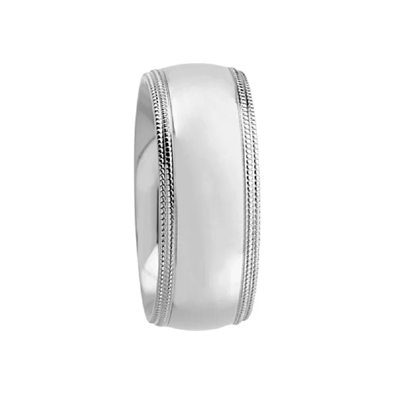 geometric rings for women -8mm Double Milgrain Comfort Fit Domed 14k White Gold Band