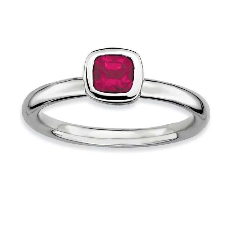 celestial rings for women -Sterling Silver Stackable Cushion Cut Created Ruby Solitaire Ring