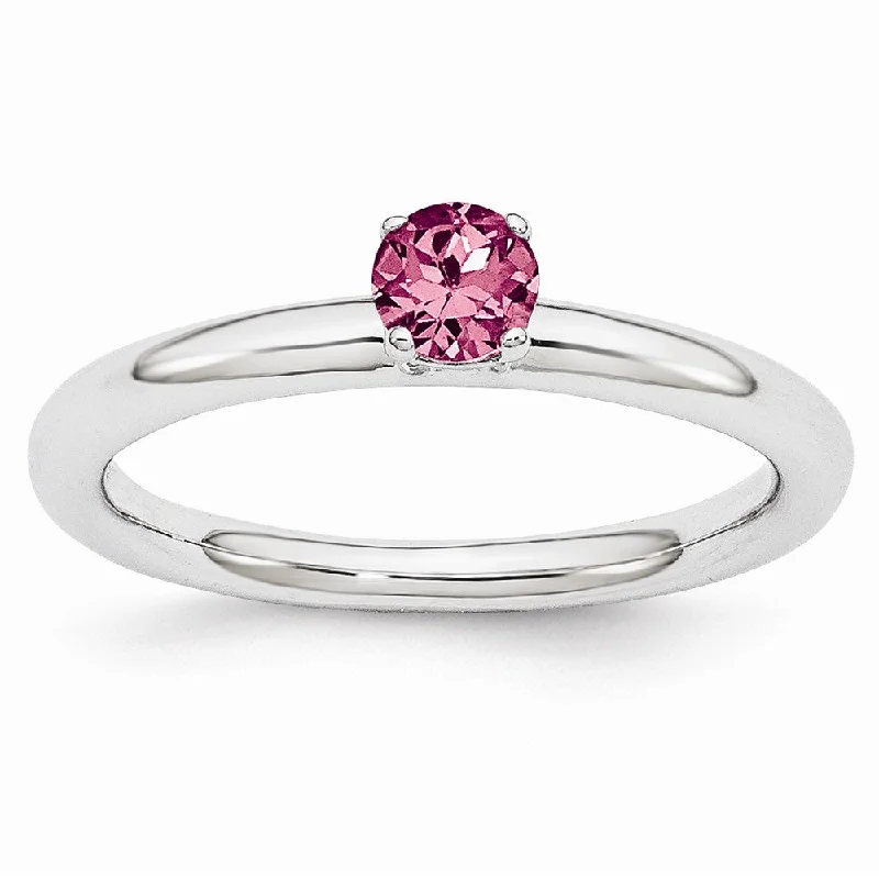 pave rings for women -Rhodium Plated Sterling Silver Stackable 4mm Pink Tourmaline Ring