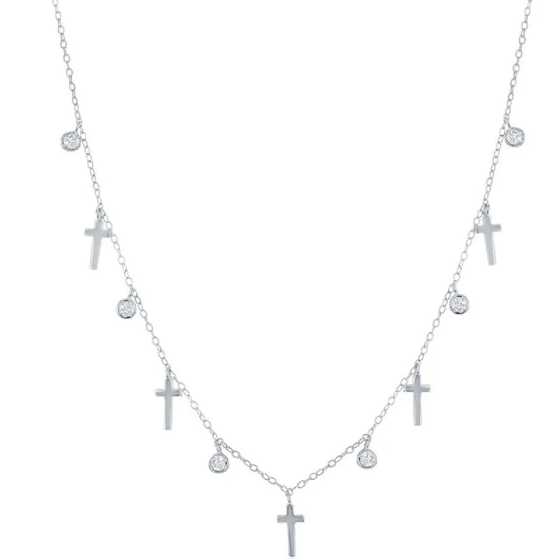 stylish necklaces for women -Classic Women's Necklace - Sterling Silver Alternating Cross and Bezel-Set CZ | M-6802