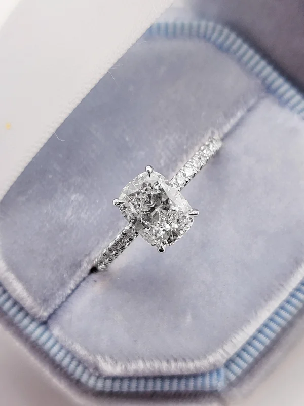 unique engagement rings -2 Carats Lab Grown Elongated Cushion Cut Micropaved Side Stones Hidden Halo Diamond Engagement Ring