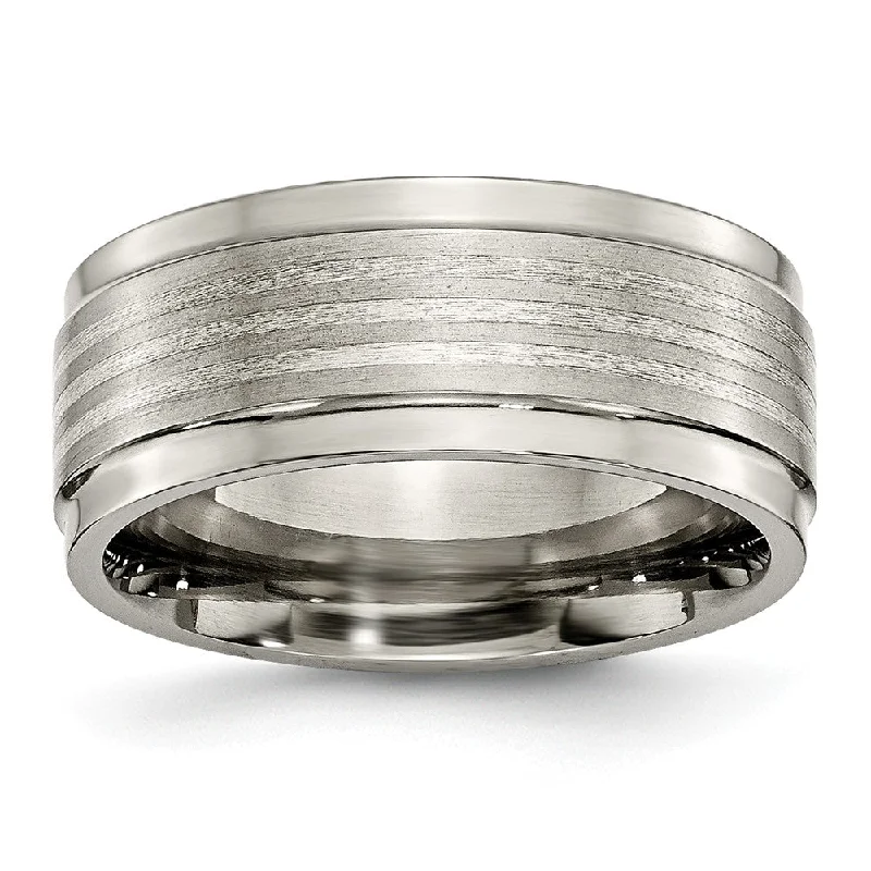 double-band rings for women -9mm Ridged Edge Striped Band in Titanium and Sterling Silver