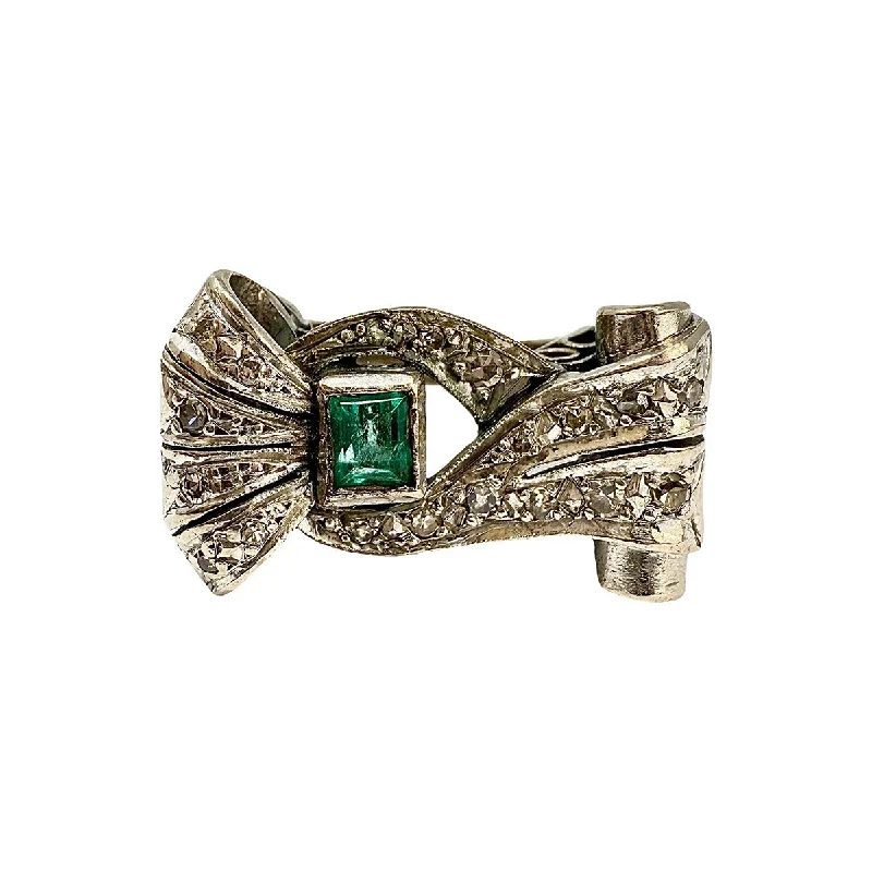 butterfly rings for women -14K White Gold Vintage Ring with Emerald and Diamond