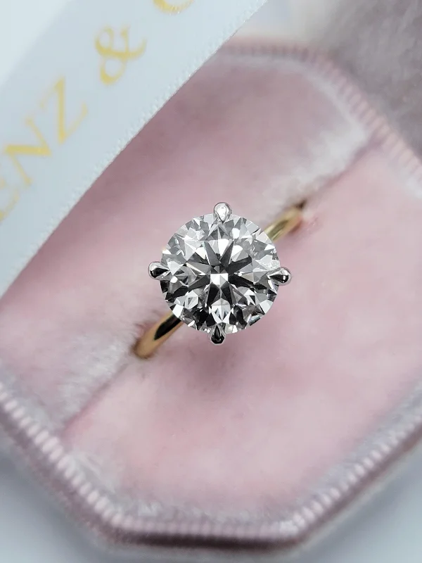 vintage engagement rings -3.19 Carats Lab Grown Round Brilliant Cut Two Tone Solitaire Hidden Halo Diamond Engagement Ring