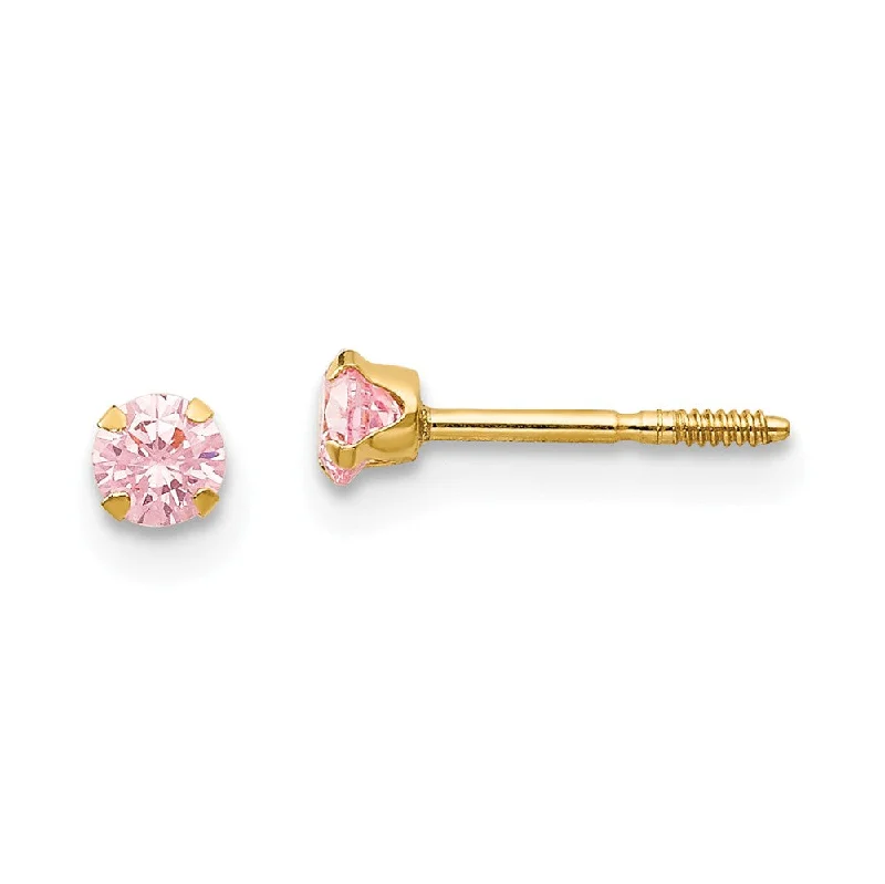 minimalist everyday earrings for women -Kids 3mm Pink Cubic Zirconia Stud Screw Back Earrings in 14k Gold