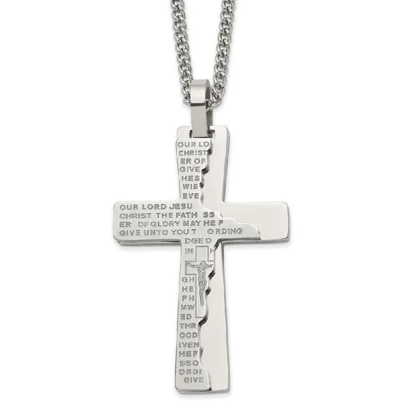 gold necklaces for women -Stainless Steel Polished Etched Broken Prayer Cross 24in Necklace