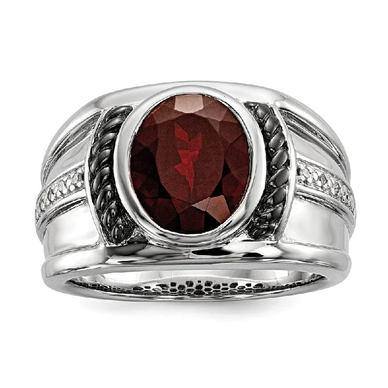 high-quality gold rings for women -Mens Two Tone Sterling Silver, Oval Garnet & Diamond Wide Tapered Ring