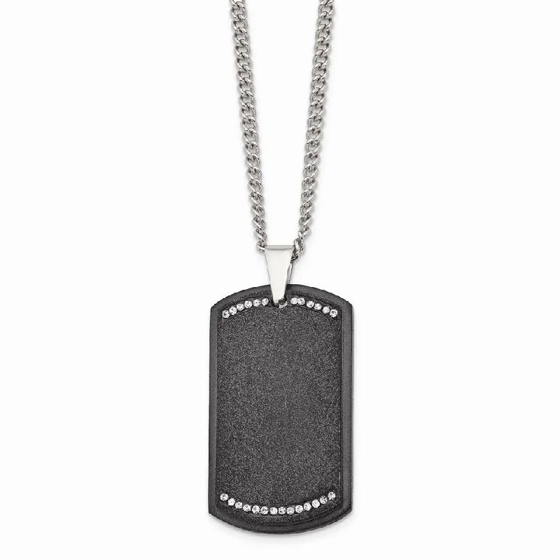 black onyx necklaces for women -Stainless Steel Brushed LaserCut Black IP Plated CZ Dogtag Necklace