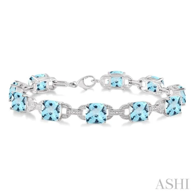 thin layering bracelets for women -7x7 mm Cushion Cut Blue Topaz and 1/20 Ctw Round Cut Diamond Fashion Bracelet in Sterling Silver