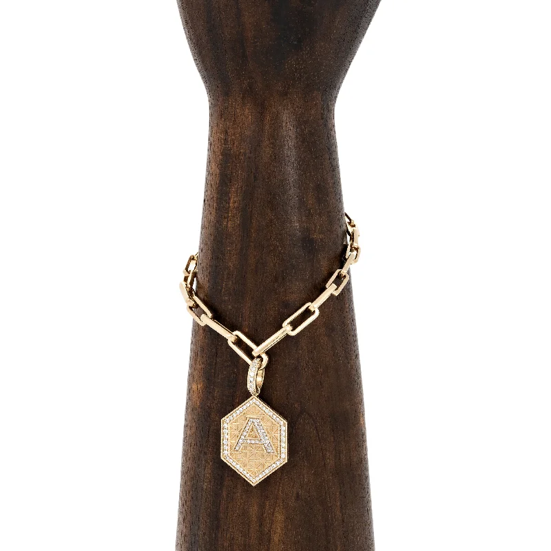 modern bracelets for women -PAVE INITIAL GEOMETRIC HEXAGON CHARM + GRADUATED RECTANGLE LINK BRACELET