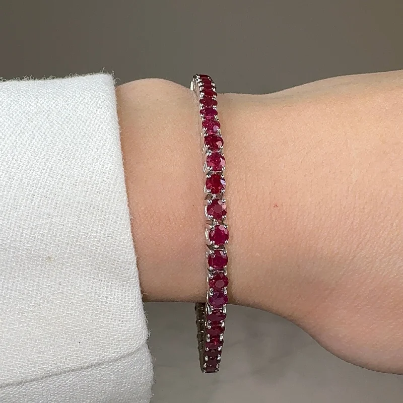 stylish silver bracelets for women -Round Cut Red Ruby Stone 4 Claw 18K White Gold Tennis Bracelet HB178