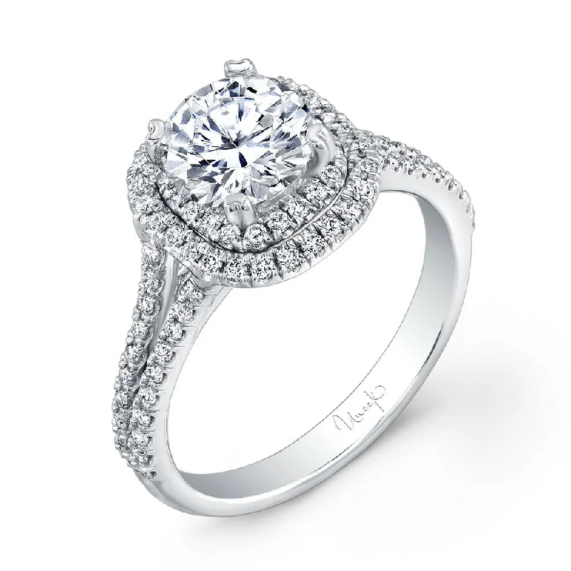 solitaire engagement rings -Uneek Round Diamond Engagement Ring with Dreamy Cushion-Shaped Double Halo and Split Upper Shank