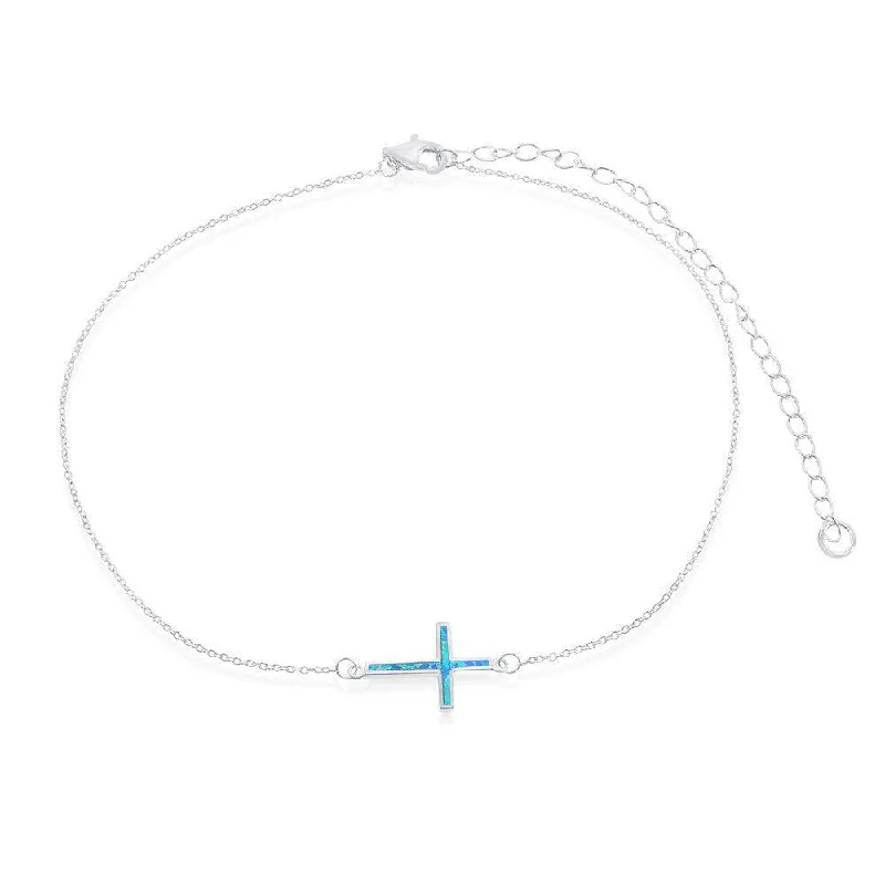 open heart necklaces for women -Sterling Silver Blue Inlay Opal Sideways Cross Choker Necklace