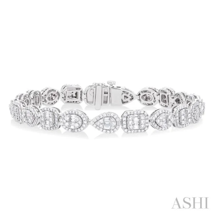 high-end bracelets for women -3 1/5 ctw Mixed Shape Fusion Baguette and Round Cut Diamond Halo Bracelet in 14K White Gold