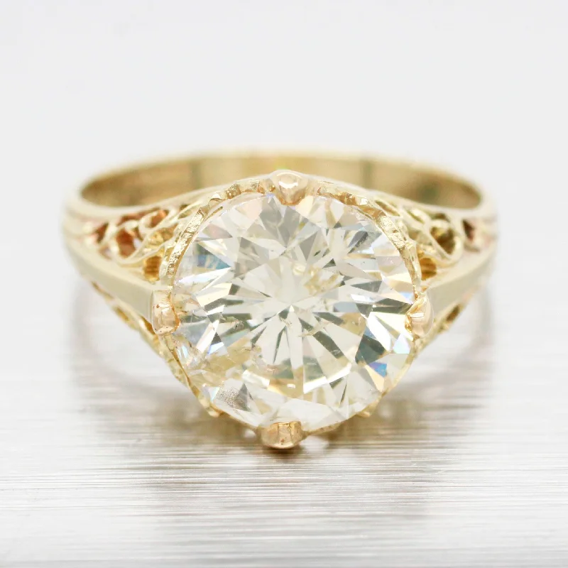 white gold engagement rings -GIA 3.01ct Diamond Antique Art Deco Solitaire Engagement Ring - 14k Yellow Gold