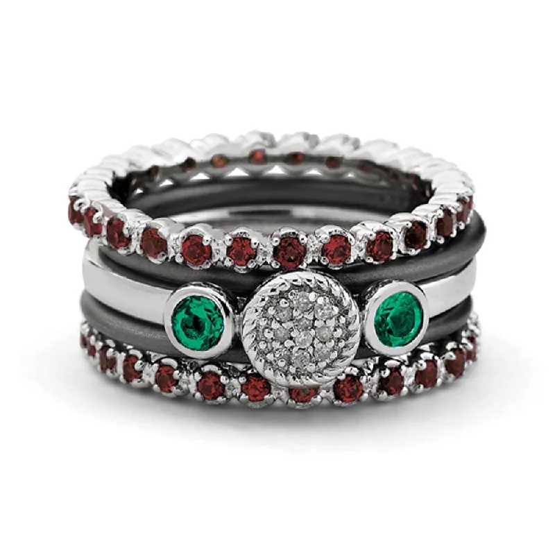 high-quality gold rings for women -Two Tone Sterling Silver Garnet Eternity Stackable Ring Set