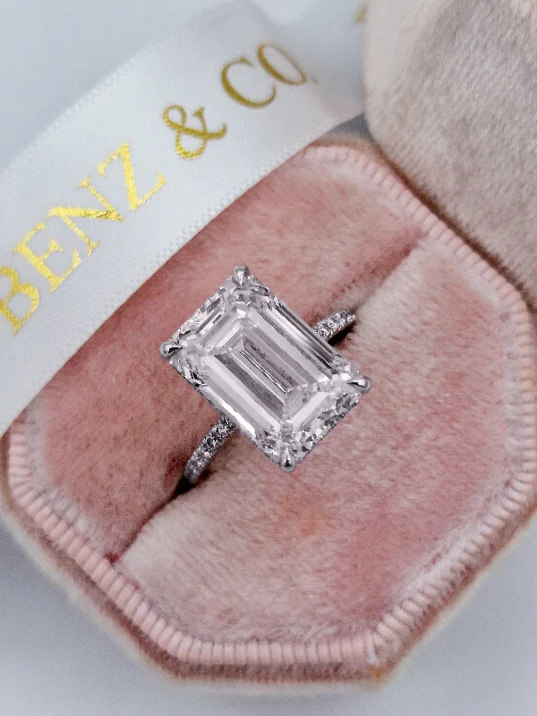 engraved engagement rings -8.15 Carats Lab Grown Emerald Cut Micropaved Side Stones Hidden Halo Diamond Engagement Ring