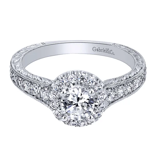 promise engagement rings -14K White Gold Round Halo Complete Diamond Engagement Ring