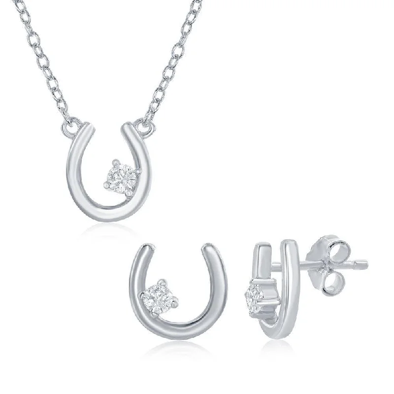 adjustable necklaces for women -Sterling Silver Horseshoe with Single CZ Necklace & Earrings Set