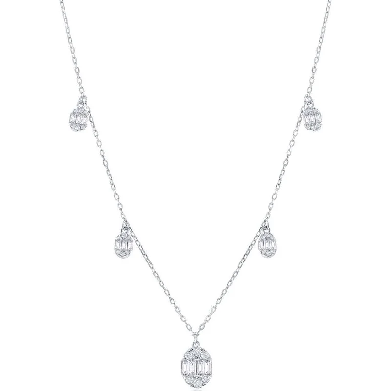 wedding necklaces for women -Classic Women's Necklace - Sterling Silver Baguette CZ Oval Charms | M-6925