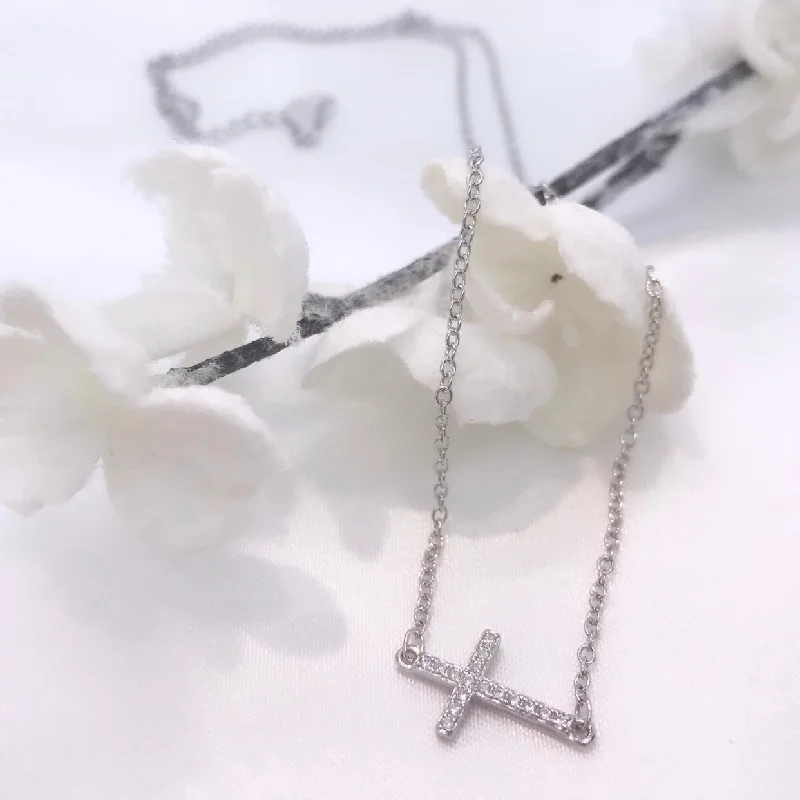 moonstone necklaces for women -925 Sterling Silver Sideways CZ Cross Necklace